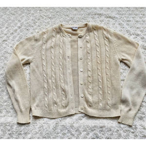 Vintage Leon Levin Silk Cable Knit Cream Button Up Timeless Cardigan Sz Medium